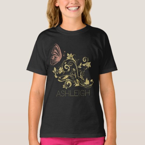 Glitter Gold Flourish Butterfly Personalized T_Shirt