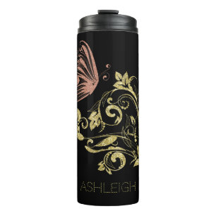 Glitter Gold Flourish Butterfly Personalized Thermal Tumbler