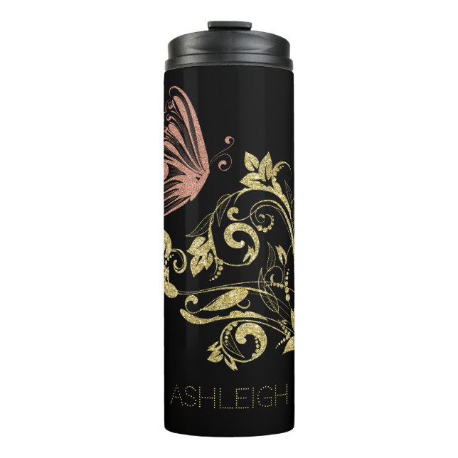 Glitter Gold Flourish Butterfly Personalized Thermal Tumbler (Front)