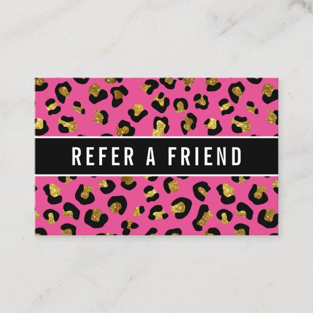 Glitter gold Fuchsia leopard Referral Customer Business Card (Front)