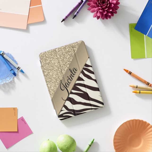 Glitter Gold Glam Zebra Print Personalized iPad Mini Cover (In Situ)