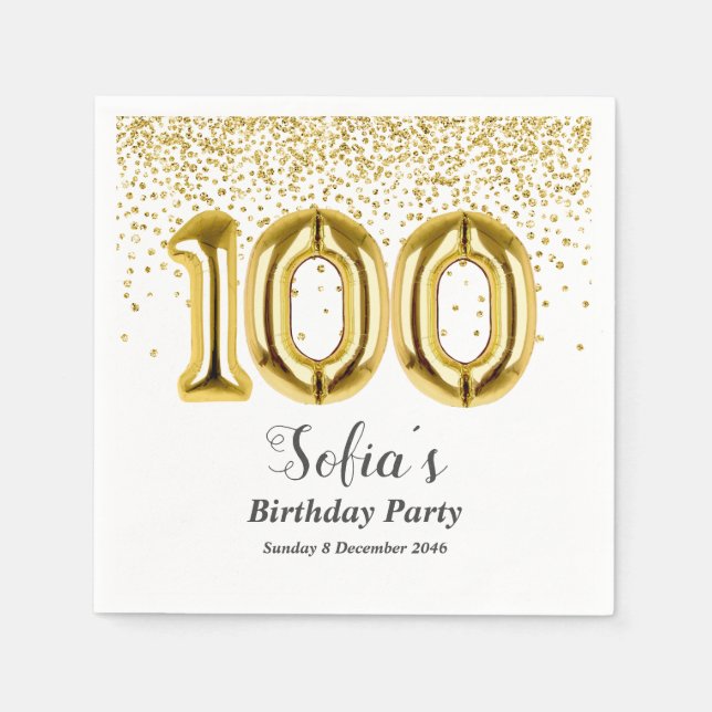 glitter gold , golden sparkle 100th birthday napkins (Front)