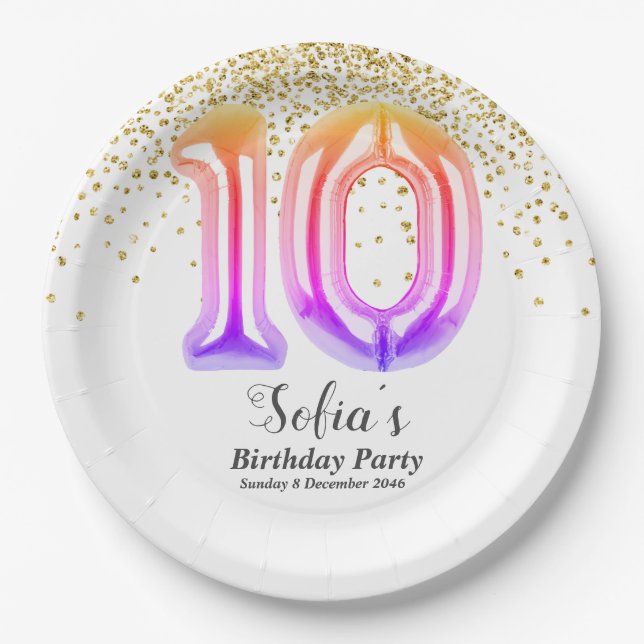 glitter gold , golden sparkle 10th birthday paper plates (Front)