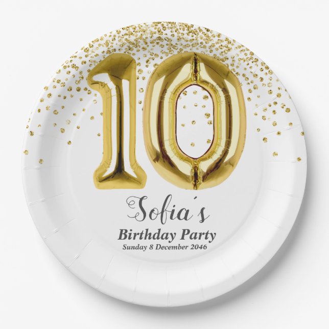 glitter gold , golden sparkle 10th birthday paper plates (Front)