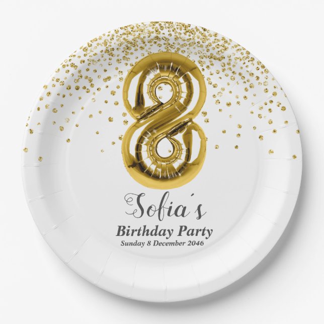 glitter gold , golden sparkle 8th birthday paper plates (Front)