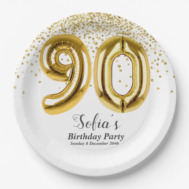 glitter gold , golden sparkle 90th birthday paper plates (Front)