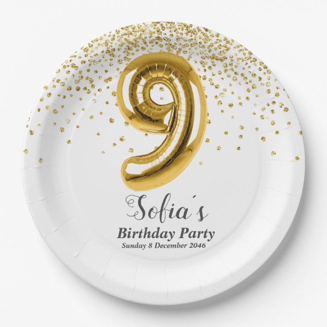glitter gold , golden sparkle 9th birthday paper plates (Front)