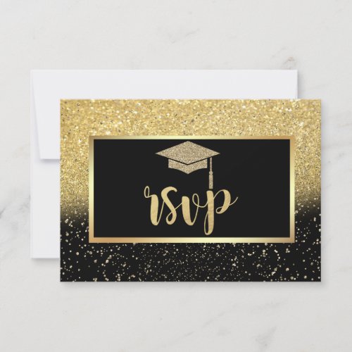 Glitter Gold Grad Cap Confetti  Graduation Party RSVP Card