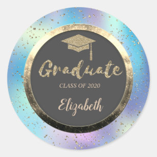 Glitter Gold Grad Cap,Confetti,Holographic Classic Round Sticker