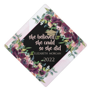 Glitter Gold Graduate Cap,Burgundy Flowers Graduation Cap Topper