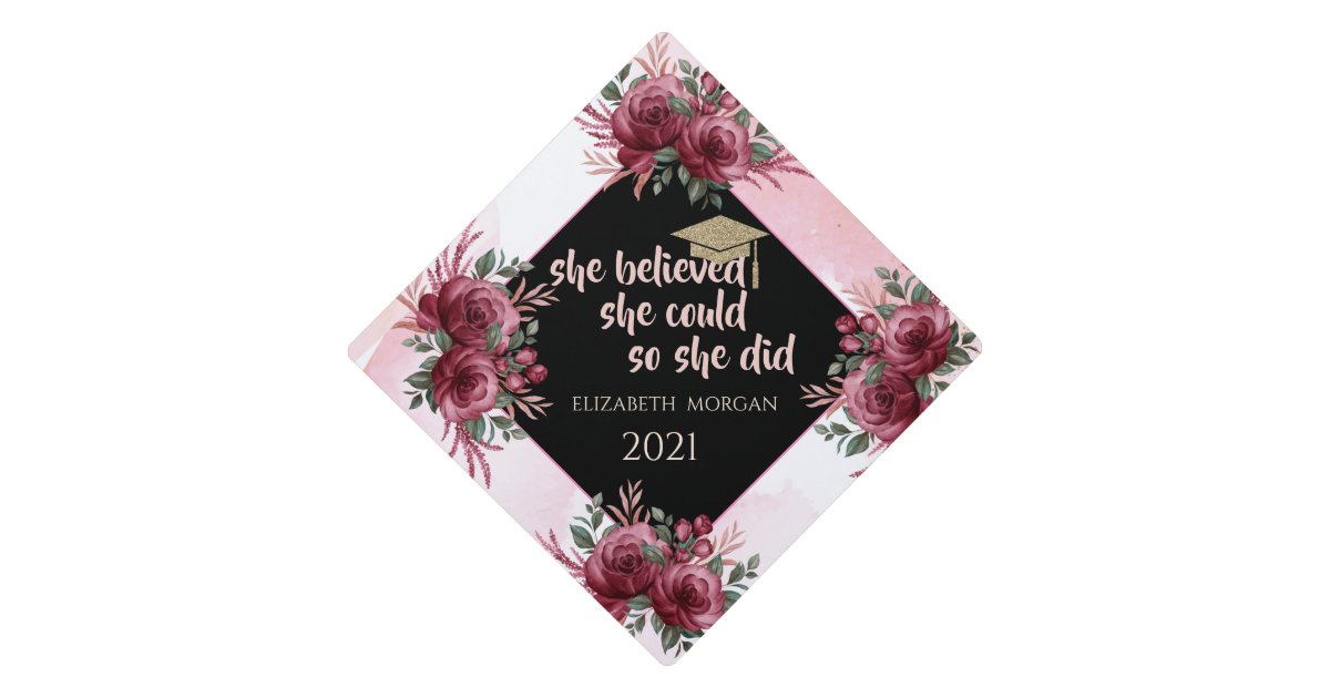 Glitter Gold Graduate Cap,Burgundy Roses Graduation Cap Topper | Zazzle