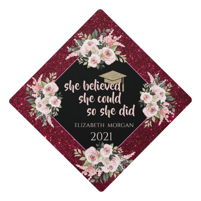 Glitter Gold Graduate Cap,Floral Red Glitter Graduation Cap Topper (Front)