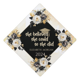 Glitter Gold Graduate Cap,Gold Black Flowers Graduation Cap Topper