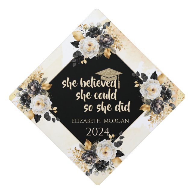 Glitter Gold Graduate Cap,Gold Black Flowers Graduation Cap Topper (Front)