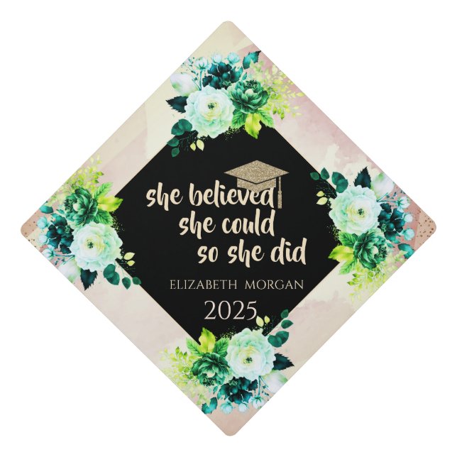 Glitter Gold Graduate Cap,Green Flowers Graduation Cap Topper (Front)