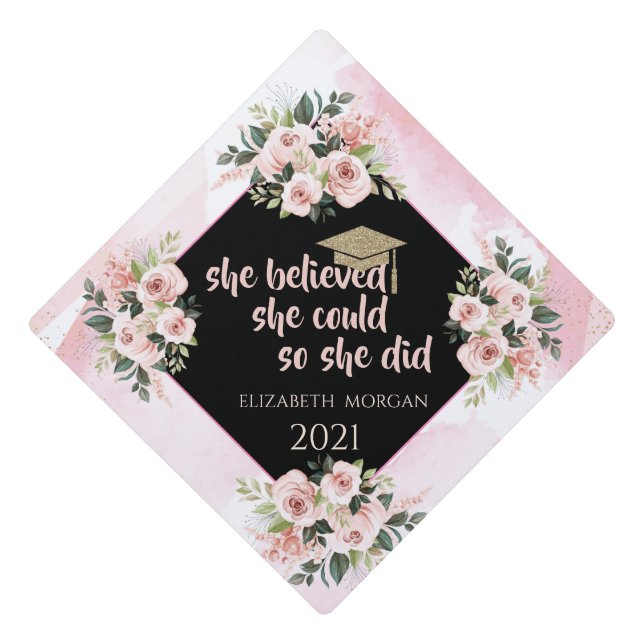 Glitter Gold Graduate Cap, Roses Floral Graduation Cap Topper (Front)