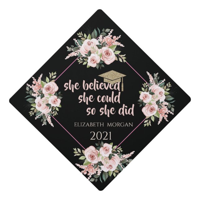 Glitter Gold Graduate Cap, Roses Graduation Cap Topper (Front)