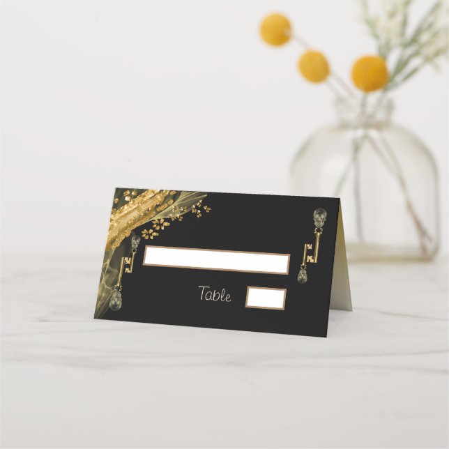 Glitter & Gold Halloween Skeleton Keys Place Card (Front)