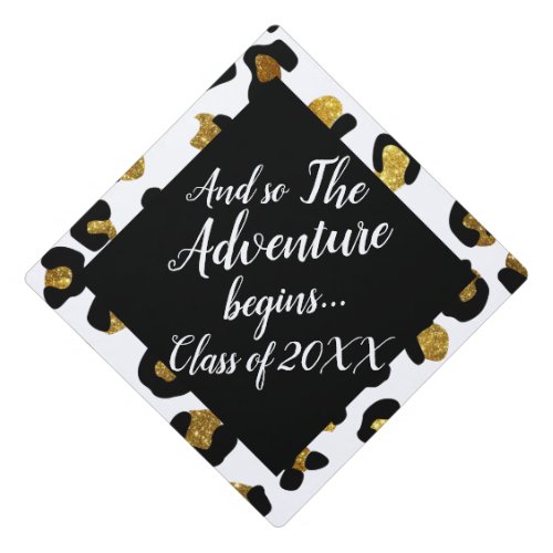 Glitter Gold Leopard Adventure Begins  Class Year Graduation Cap Topper