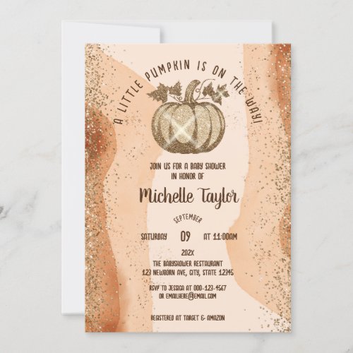 Glitter Gold Little Pumpkin Fall Baby Shower Invitation