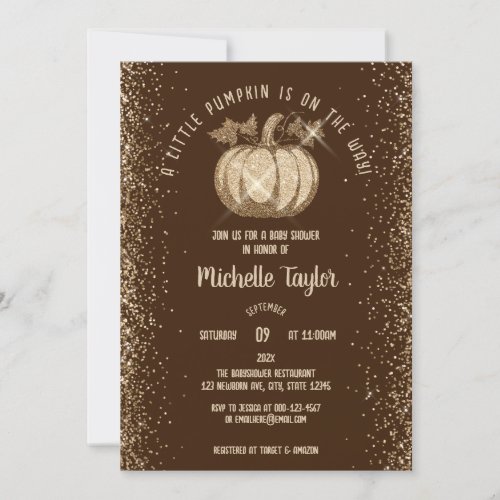 Glitter Gold Little Pumpkin Fall Baby Shower Invitation