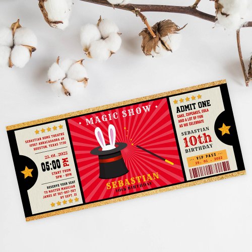 Glitter gold magic show birthday ticket invitation