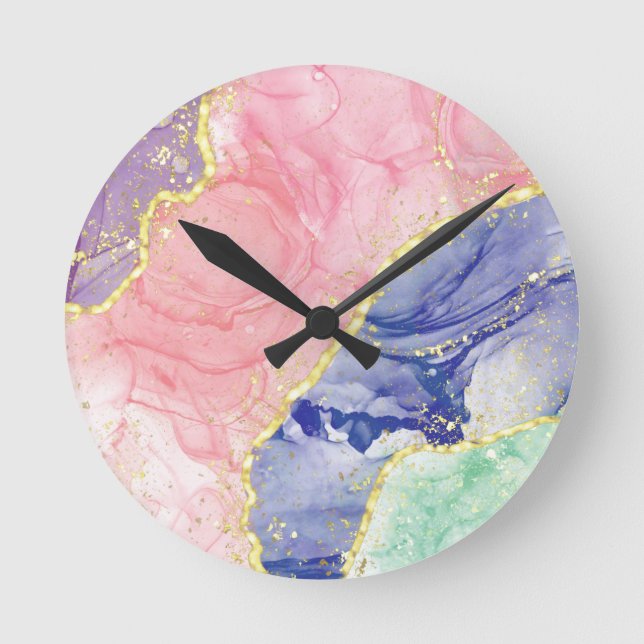Glitter Gold Marble Pastel Colors  Round Clock (Front)