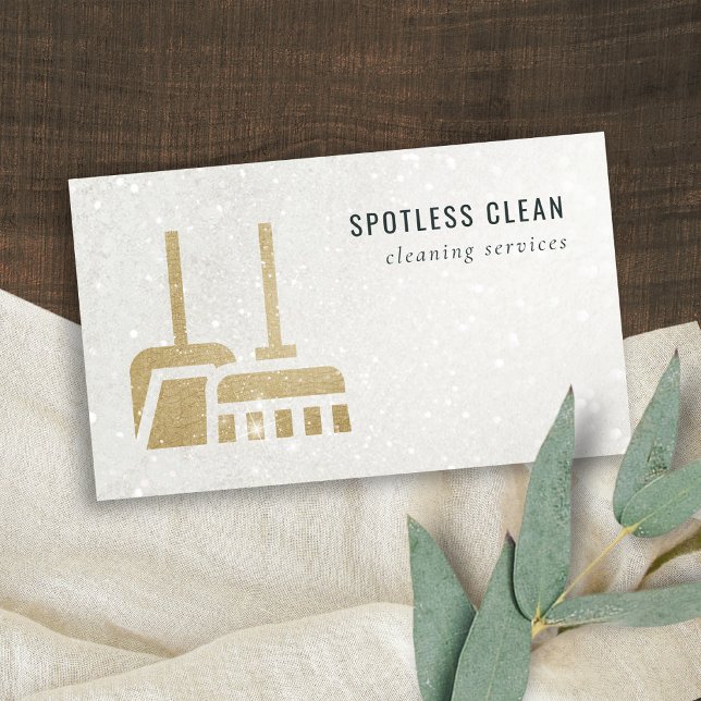 Glitter Gold Ochre Yellow Broom Cleaning Service Business Card (Creator Uploaded)