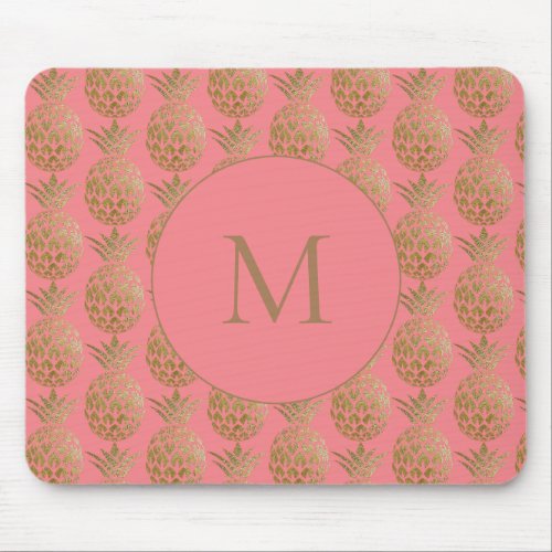 Glitter Gold Pineapple Pattern Coral Pink Monogram Mouse Pad