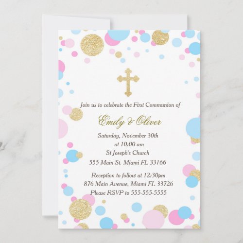 Glitter Gold Pink Blue Twins Communion Invitation