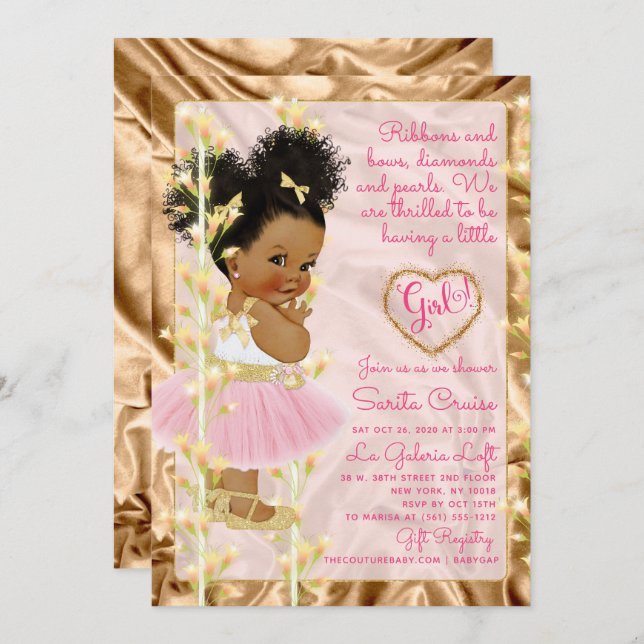 Glitter Gold & Pink Girl Baby Shower Ethnic Invitation (Front/Back)