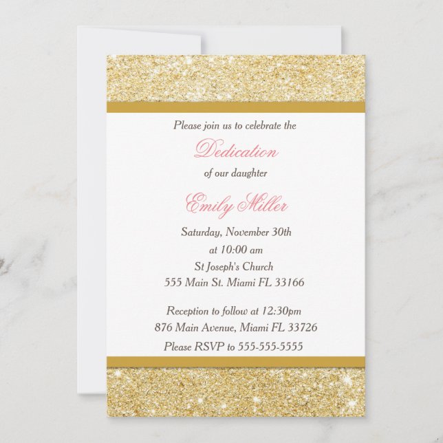 Glitter Gold Pink Girl Dedication Invitation (Front)