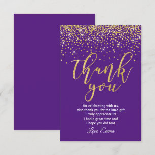 glitter gold, purple thank you card