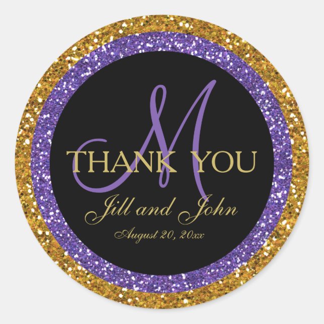 Glitter Gold Purple Wedding Favor Sticker (Front)
