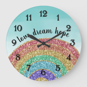 Glitter Gold Rainbow Aqua Watercolor Love Dream Large Clock