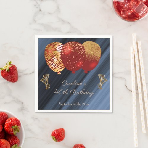 Glitter  Gold Red Balloons Birthday Napkins