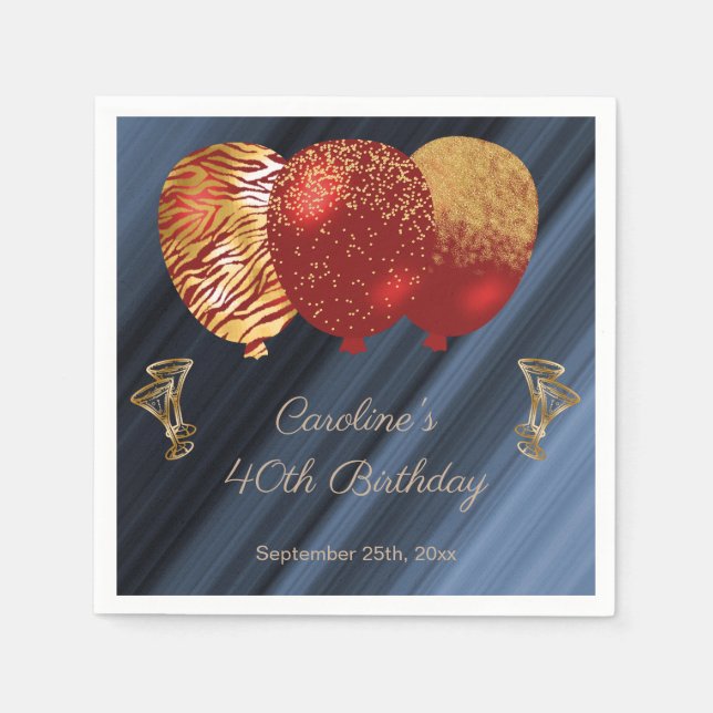 Glitter & Gold Red Balloons Birthday Napkins (Front)