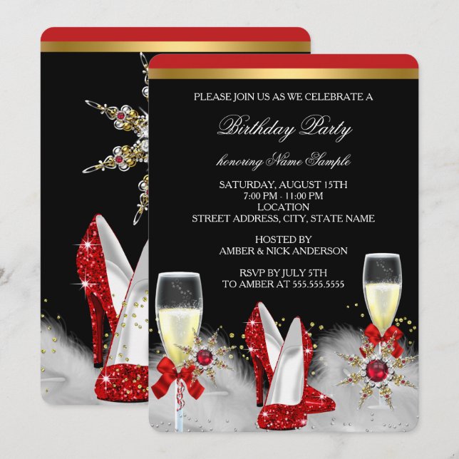 Glitter Gold Red Heels Black Silver Champagne 2 Invitation (Front/Back)