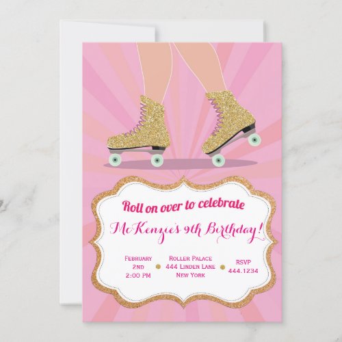 Glitter Gold Roller Skate Birthday Invitations