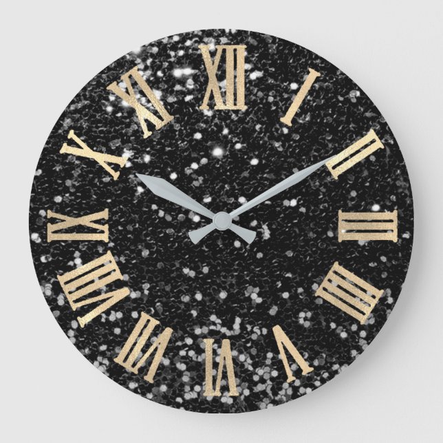 Glitter Gold Roman Numbers Silver Black Gray Large Clock (Front)