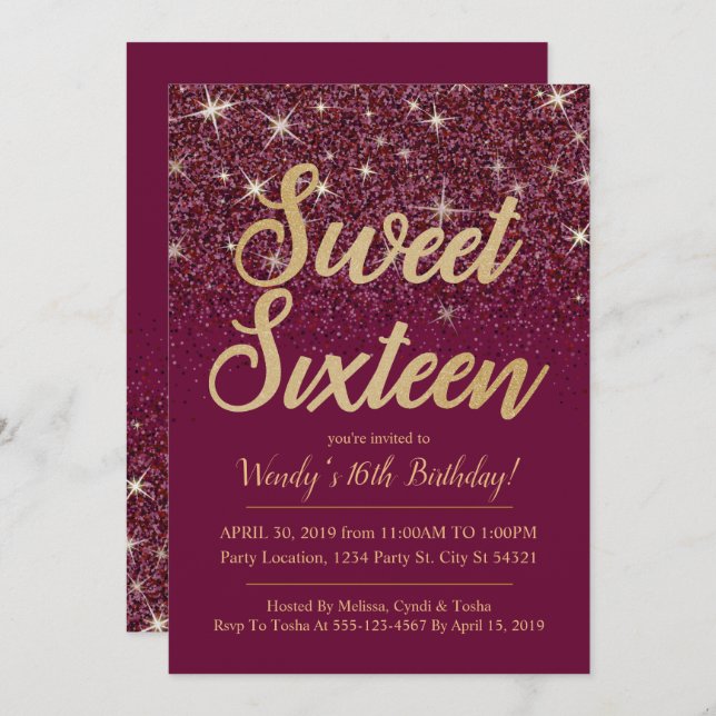 Glitter & Gold, Ruby Sweet 16 Birthday Invitations (Front/Back)