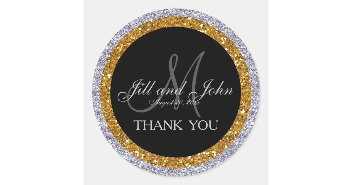 Glitter Gold Silver Wedding Thank You Sticker | Zazzle
