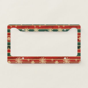 Glitter Gold Snowflakes on Red & Green Striped (1) License Plate Frame