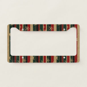 Glitter Gold Snowflakes on Red & Green Striped (3) License Plate Frame