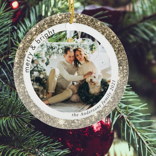 Glitter Gold Spark Family Photo  Merry And Bright Ceramic Ornament