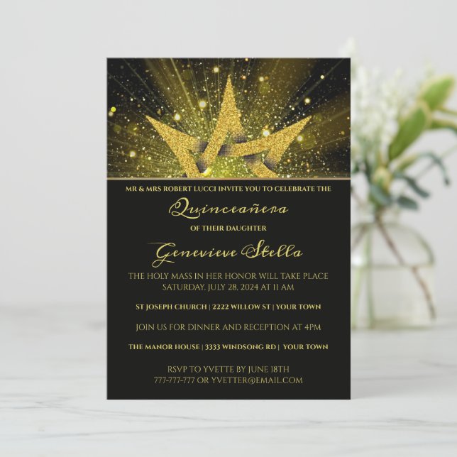 Glitter Gold Star Quinceanera Invitation (Standing Front)