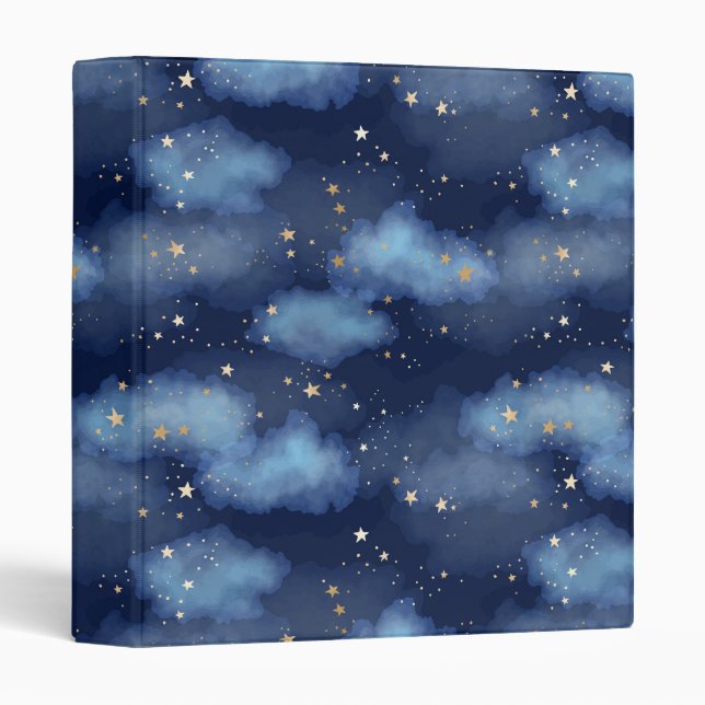 Glitter Gold Stars Dark Blue Sky Pattern 3 Ring Binder (Front/Spine)