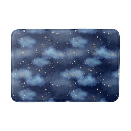 Glitter Gold Stars Dark Blue Sky Pattern Bath Mat