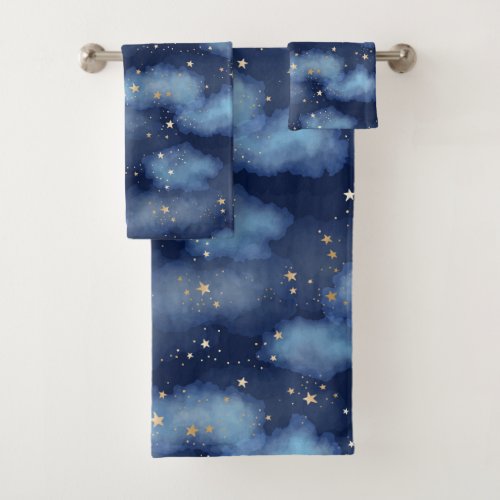 Glitter Gold Stars Dark Blue Sky Pattern Bath Towel Set