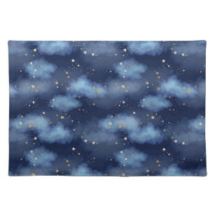 Glitter Gold Stars Dark Blue Sky Pattern Cloth Placemat